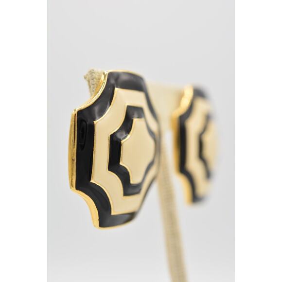 Fernando Vintage Clip Earrings Black White Enamel Gold Chunky FO Signed 80s Bin8 - Picture 4 of 12